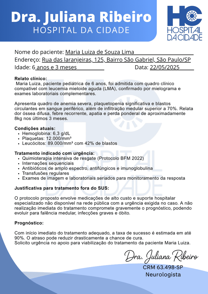 Diagnóstico médico da Maria Luiza - Leucemia Mieloide Aguda